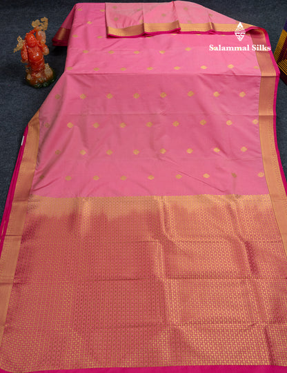 Beautiful Orange Zari Buttas Semi Silk Saree With Contrast Peacock Green Small Border