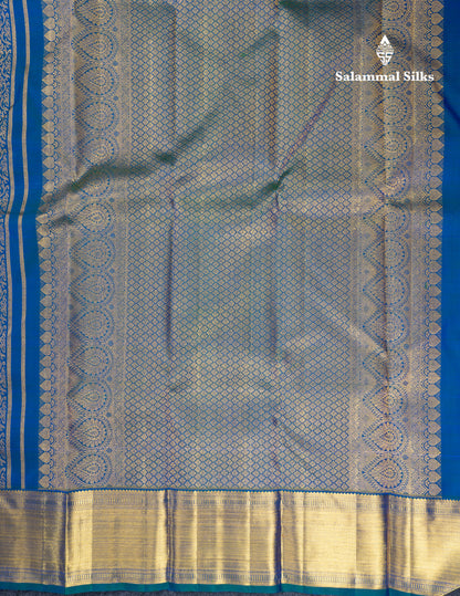 Dual Tone Peacock Blue Menakari Work Bridal Pure Kanjivaram Silk Saree With Traditional Border