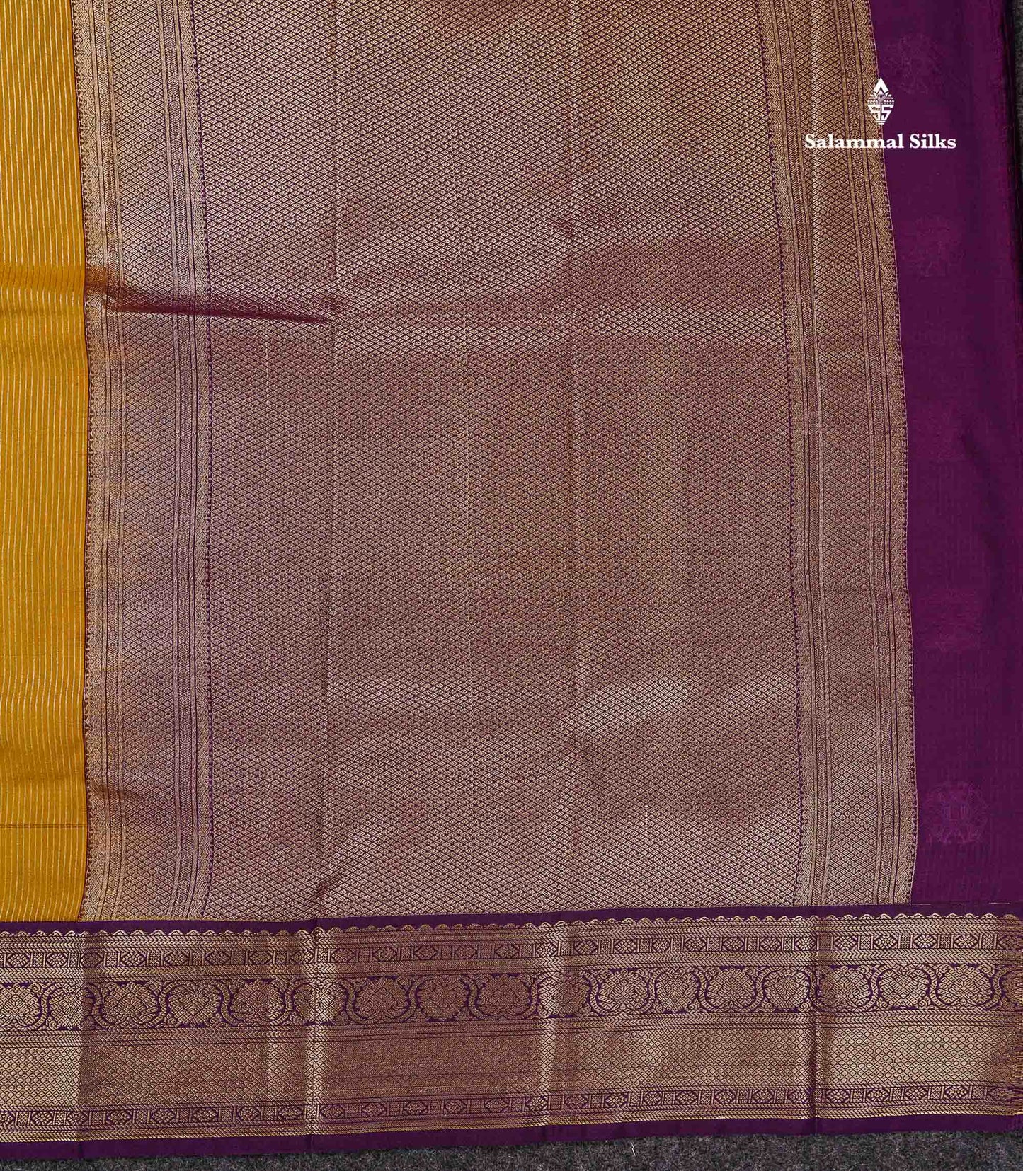 Semi Silk Saree - Mustard Yellow Butta With Lines Along With Contrast Dark Purple Border