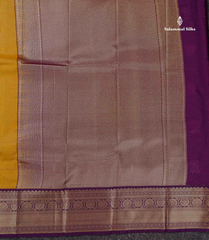 Semi Silk Saree - Mustard Yellow Butta With Lines Along With Contrast Dark Purple Border
