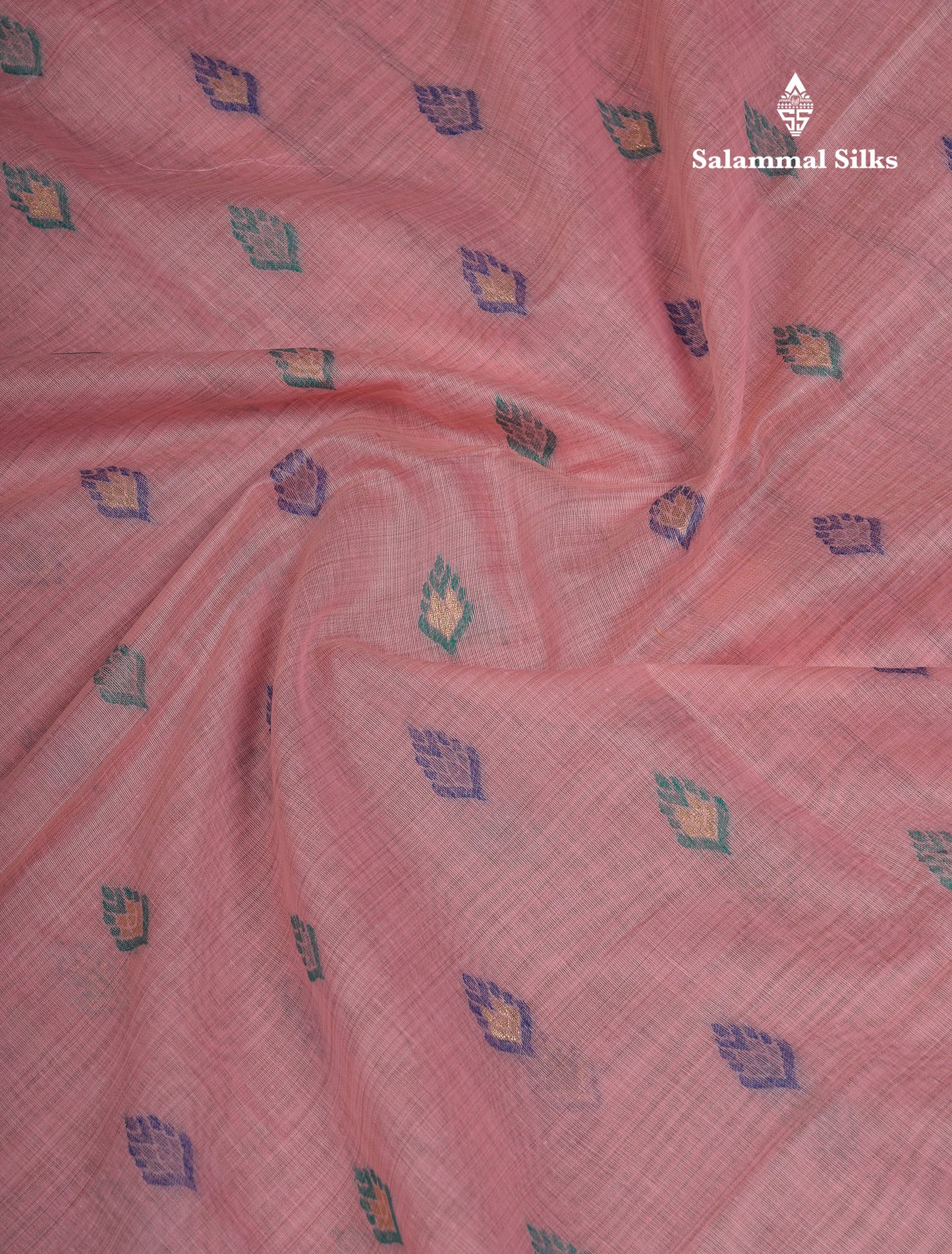 Beautiful Light Peach Menakari Work Muga Cotton Saree With Contrast Olive Green Blouse