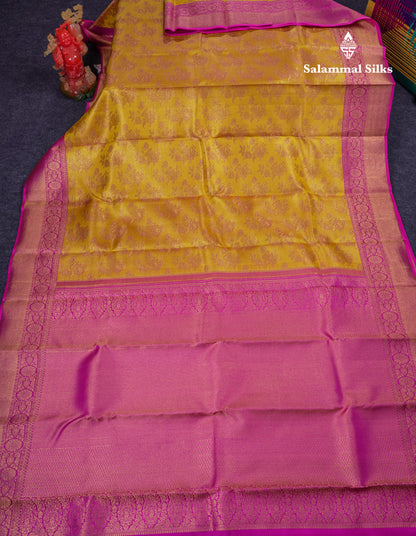 Beautiful Yellow Bridal Pure Kanjivaram Silk Saree With Contrast Magenta Pink Border