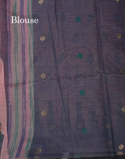 Beautiful Light Peach Menakari Work Muga Cotton Saree With Contrast Olive Green Blouse