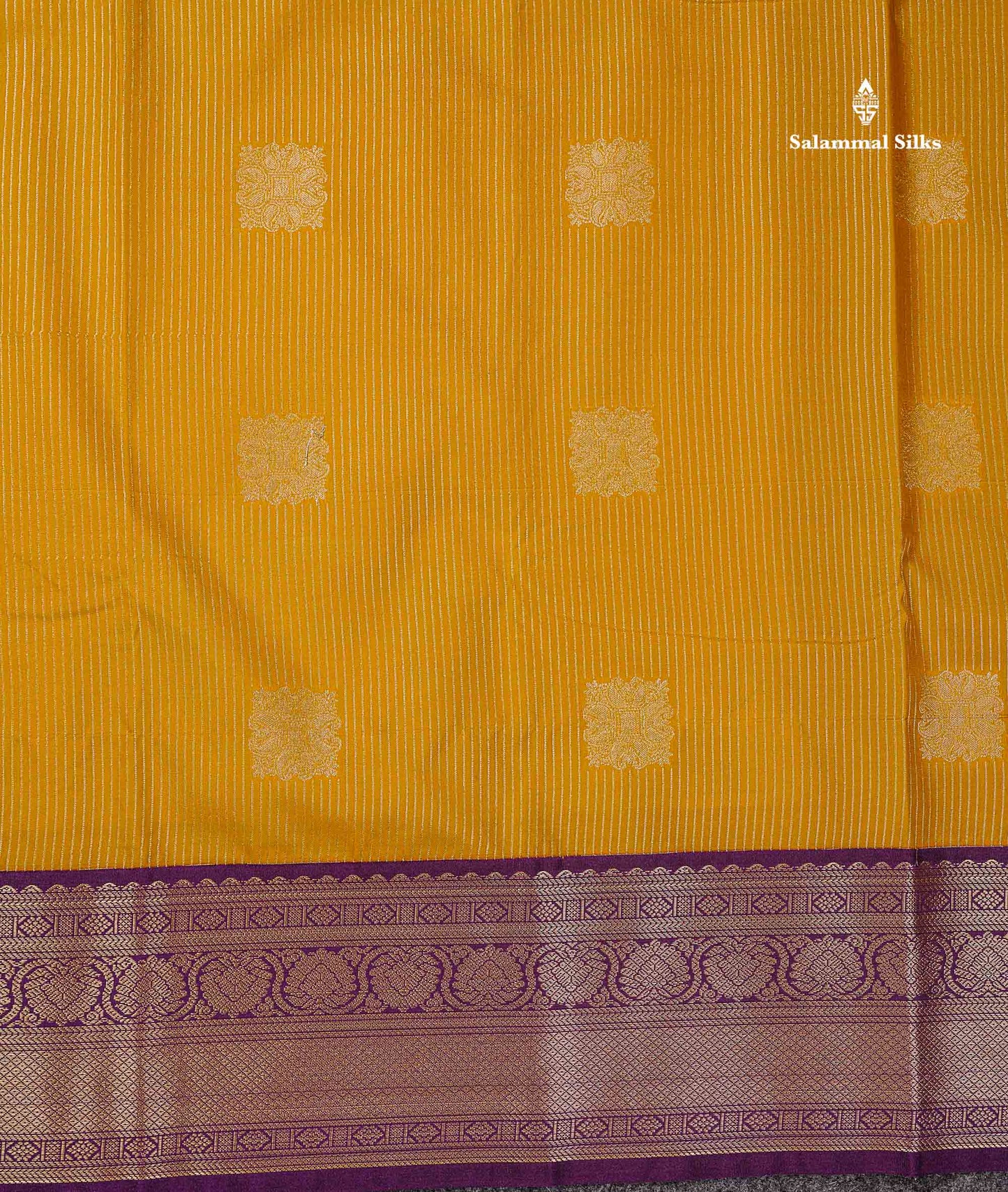 Semi Silk Saree - Mustard Yellow Butta With Lines Along With Contrast Dark Purple Border