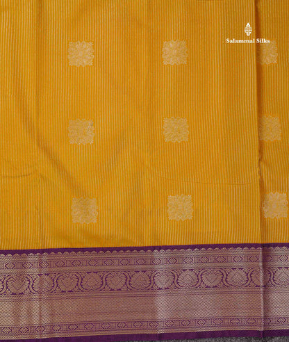 Semi Silk Saree - Mustard Yellow Butta With Lines Along With Contrast Dark Purple Border