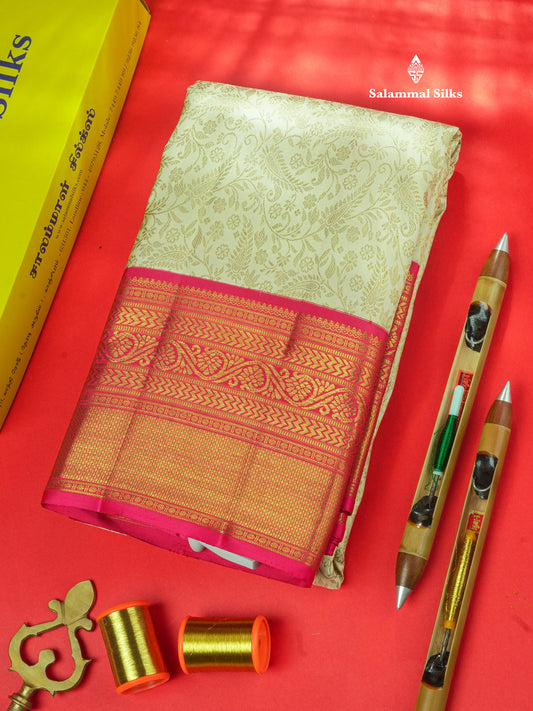 Half White Pure Kanjivaram Silk Saree 2G Zari With Contrast Pink Traditional Border