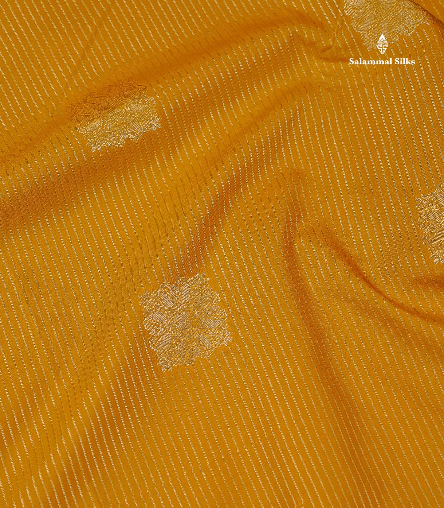 Semi Silk Saree - Mustard Yellow Butta With Lines Along With Contrast Dark Purple Border