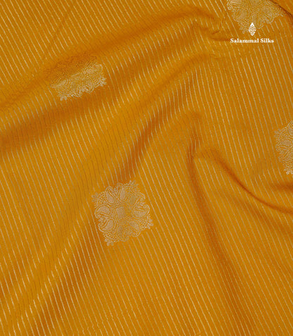 Semi Silk Saree - Mustard Yellow Butta With Lines Along With Contrast Dark Purple Border