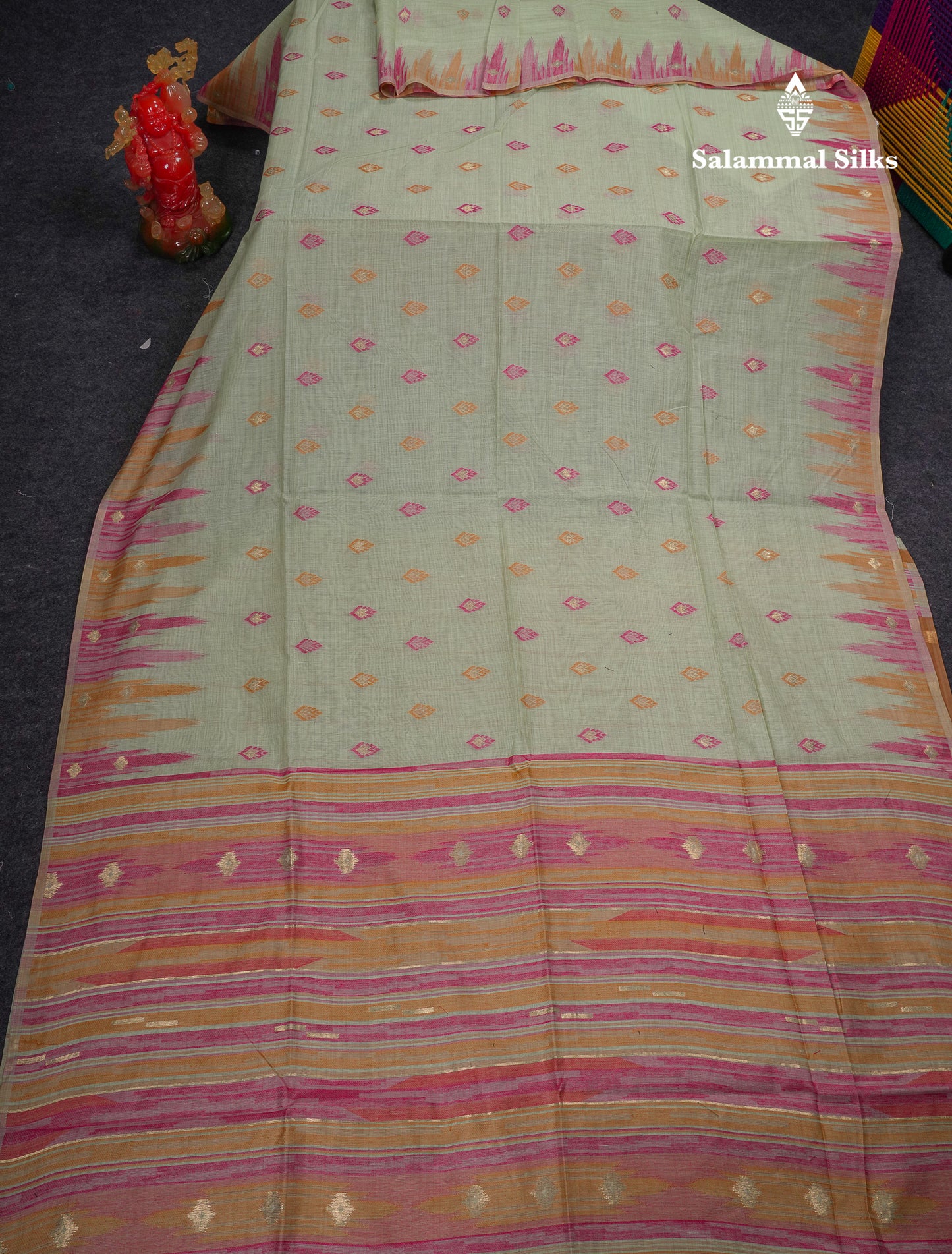 Beautiful Light Peach Menakari Work Muga Cotton Saree With Contrast Olive Green Blouse