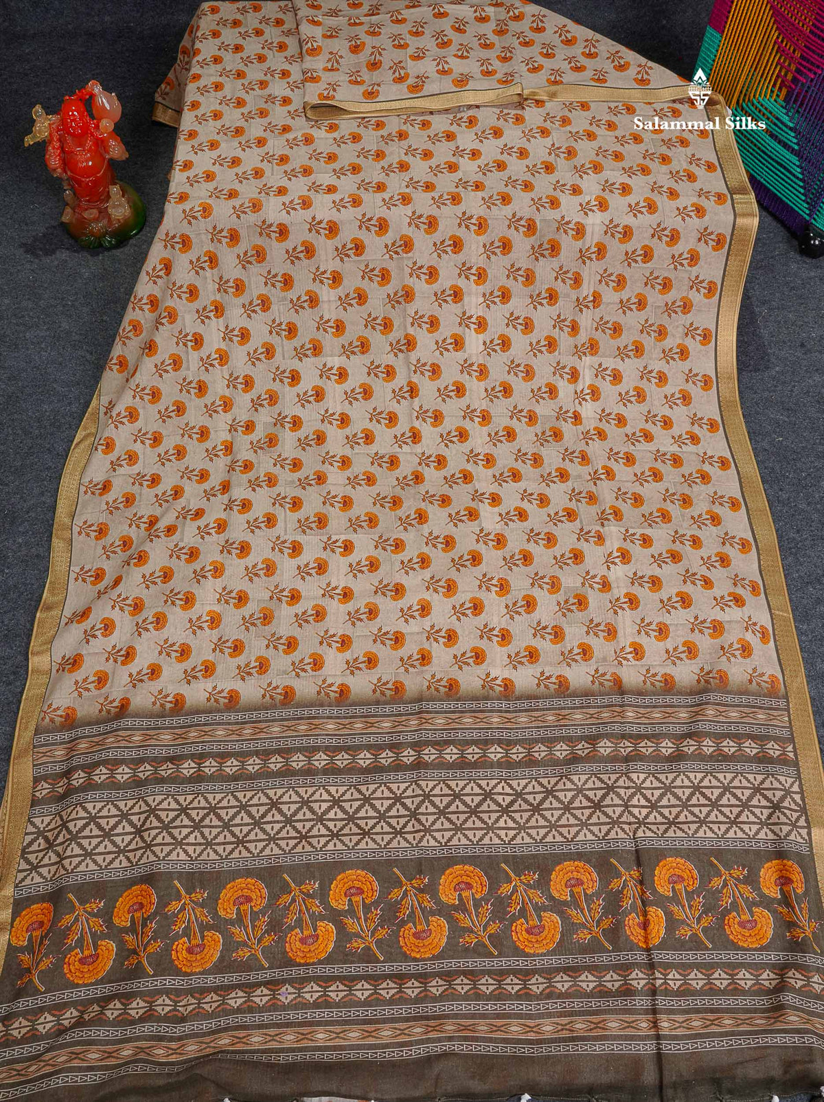 Soft Cotton Saree - Cream Sandal Body Printed With Small Fancy Border
