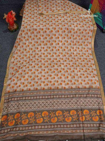 Soft Cotton Saree - Cream Sandal Body Printed With Small Fancy Border