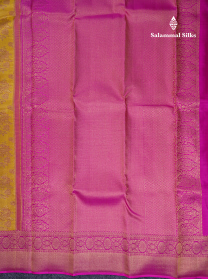 Beautiful Yellow Bridal Pure Kanjivaram Silk Saree With Contrast Magenta Pink Border