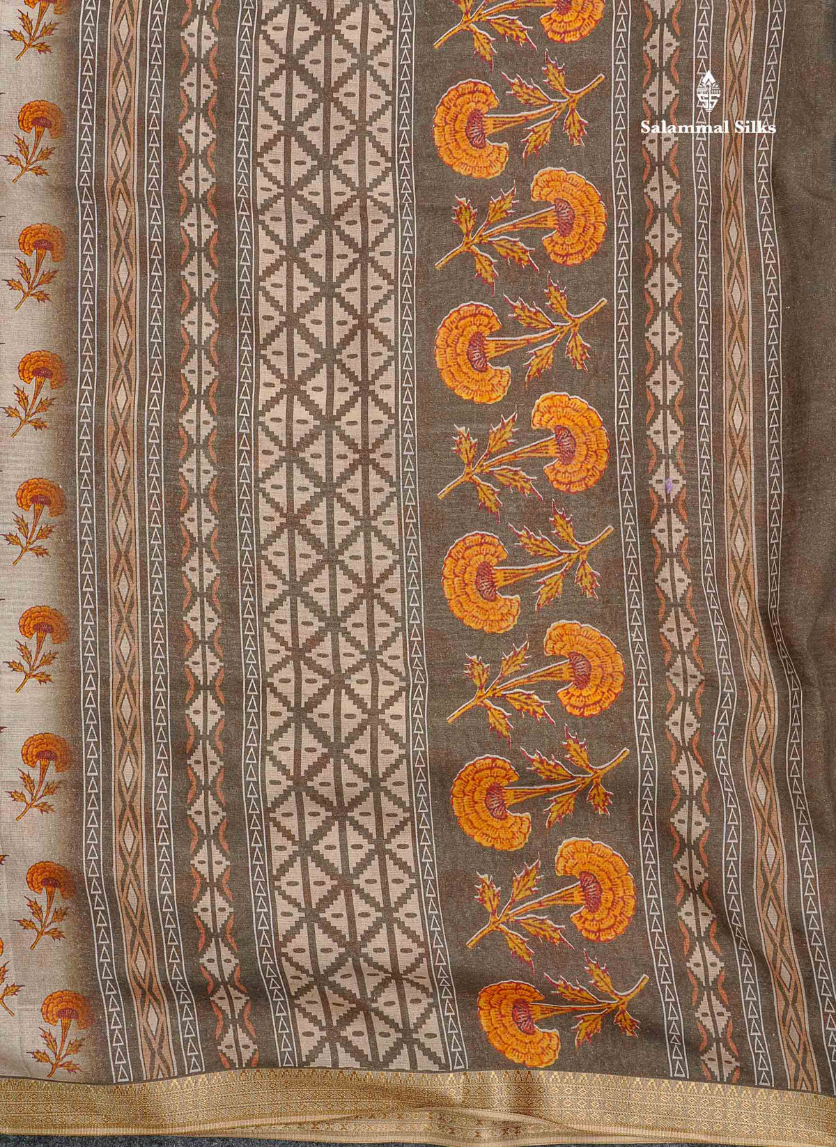 Soft Cotton Saree - Cream Sandal Body Printed With Small Fancy Border