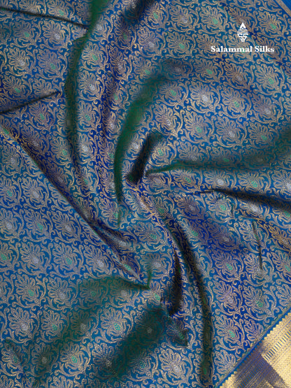Dual Tone Peacock Blue Menakari Work Bridal Pure Kanjivaram Silk Saree With Traditional Border