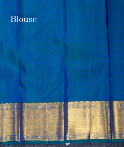 Dual Tone Peacock Blue Menakari Work Bridal Pure Kanjivaram Silk Saree With Traditional Border