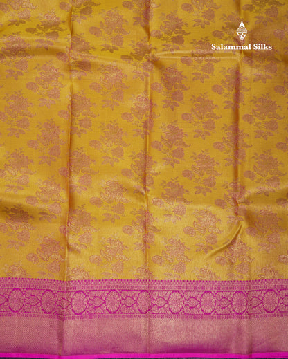 Beautiful Yellow Bridal Pure Kanjivaram Silk Saree With Contrast Magenta Pink Border