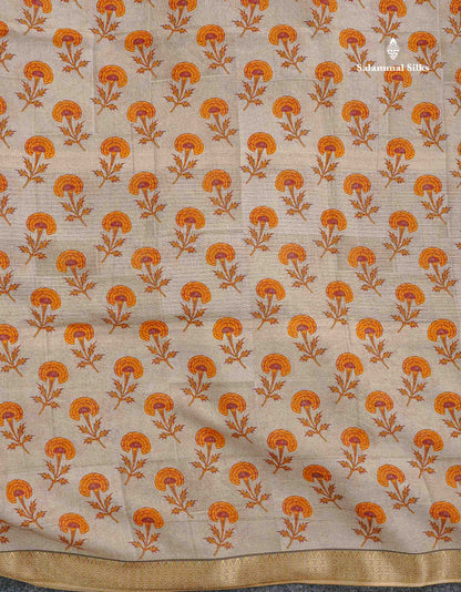 Soft Cotton Saree - Cream Sandal Body Printed With Small Fancy Border