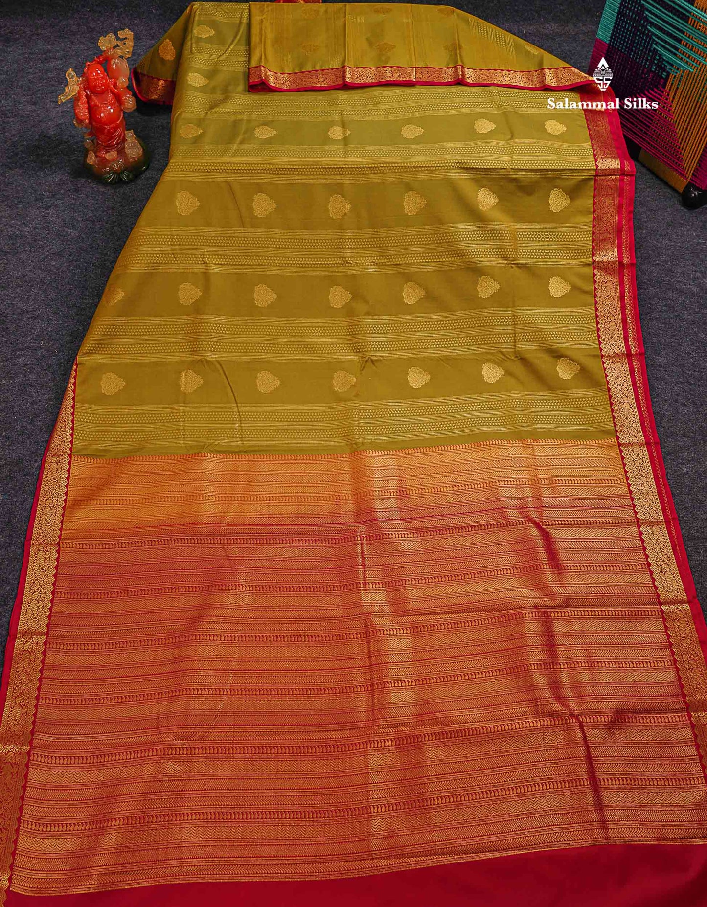 Semi Silk Saree - Manthulir Yellow With Contrast Chilly Red Traditional Small Border