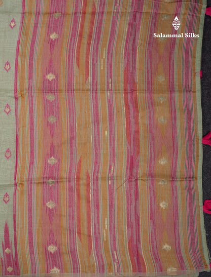 Beautiful Light Peach Menakari Work Muga Cotton Saree With Contrast Olive Green Blouse