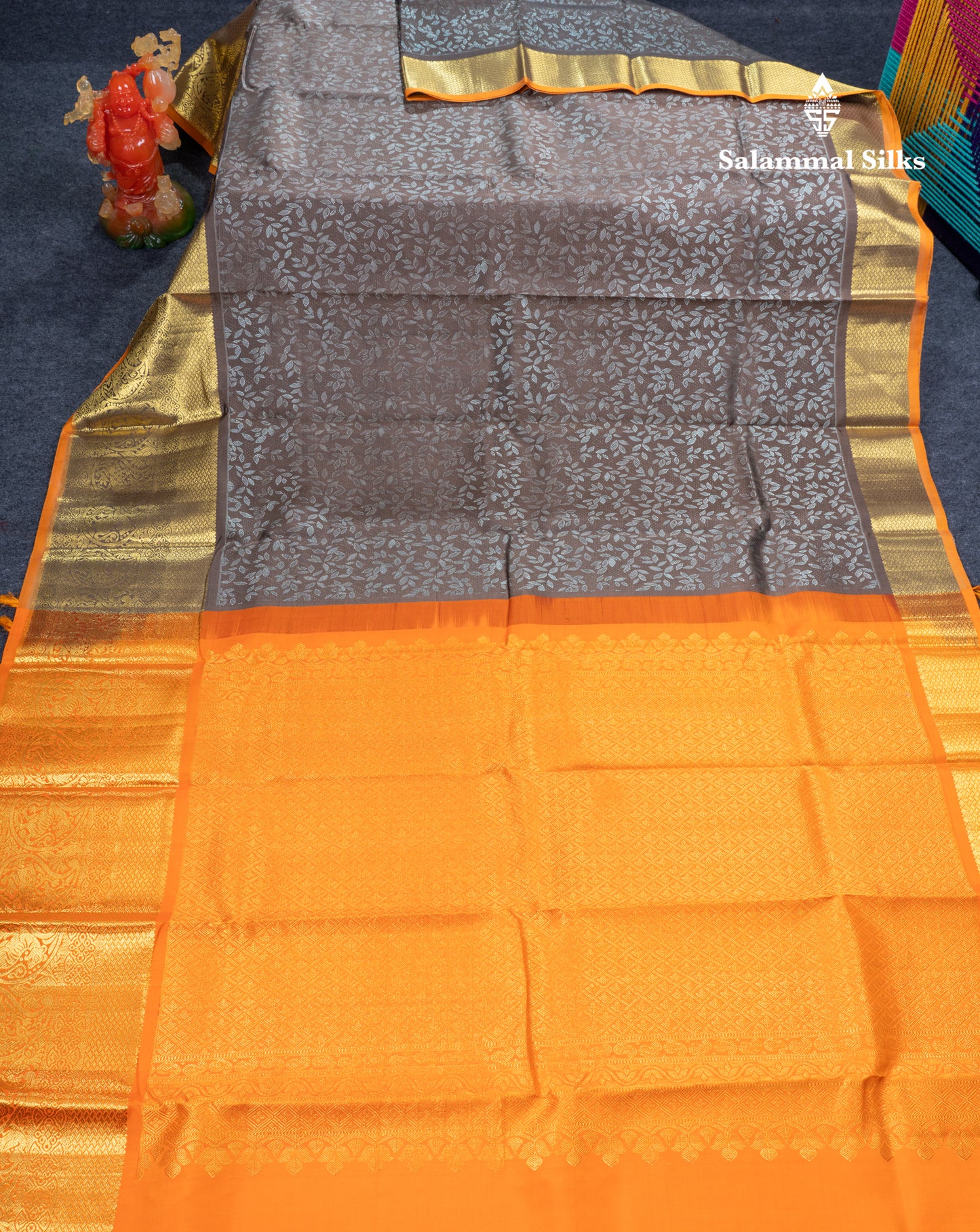 Dusky Brown Bridal Pure Kanjivaram Silk Saree With Contrast Orange Traditional Evening Morning Border