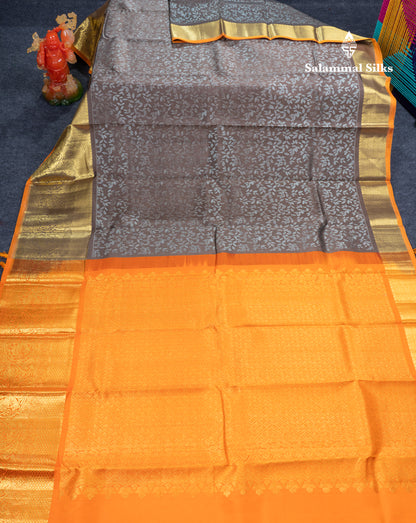 Dusky Brown Bridal Pure Kanjivaram Silk Saree With Contrast Orange Traditional Evening Morning Border