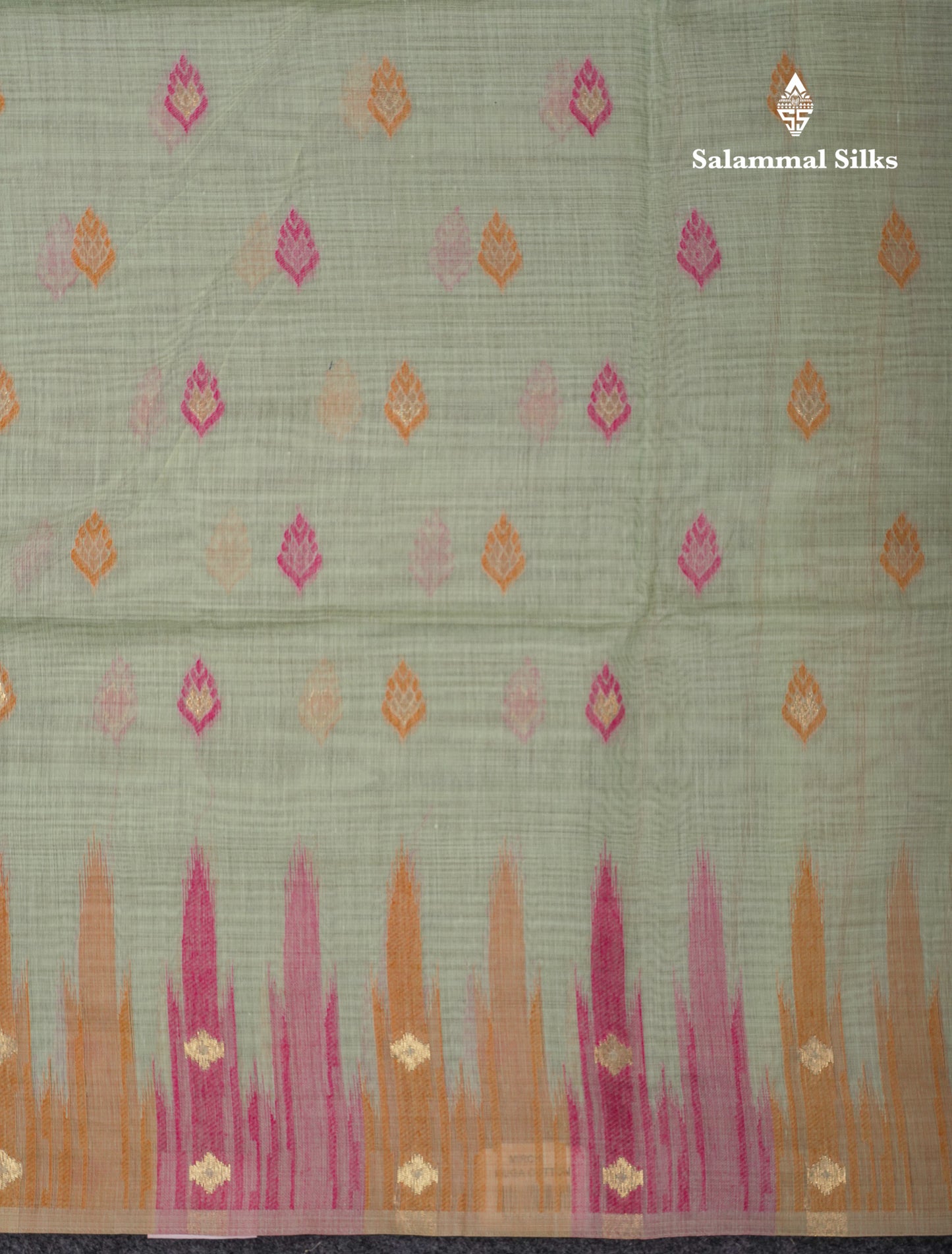 Beautiful Light Peach Menakari Work Muga Cotton Saree With Contrast Olive Green Blouse