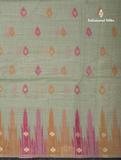 Beautiful Light Peach Menakari Work Muga Cotton Saree With Contrast Olive Green Blouse