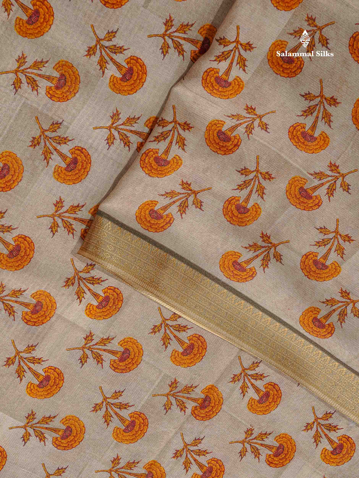 Soft Cotton Saree - Cream Sandal Body Printed With Small Fancy Border