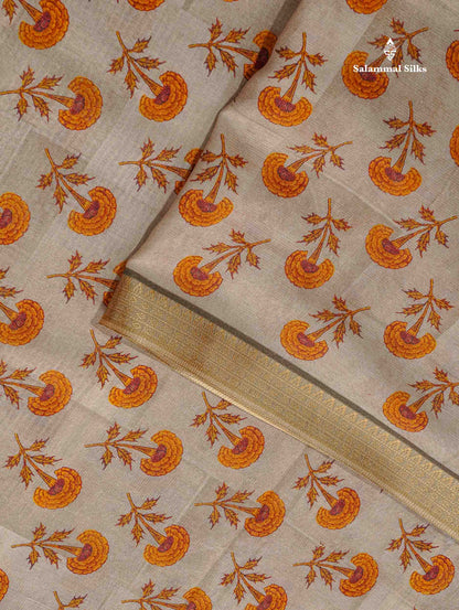 Soft Cotton Saree - Cream Sandal Body Printed With Small Fancy Border