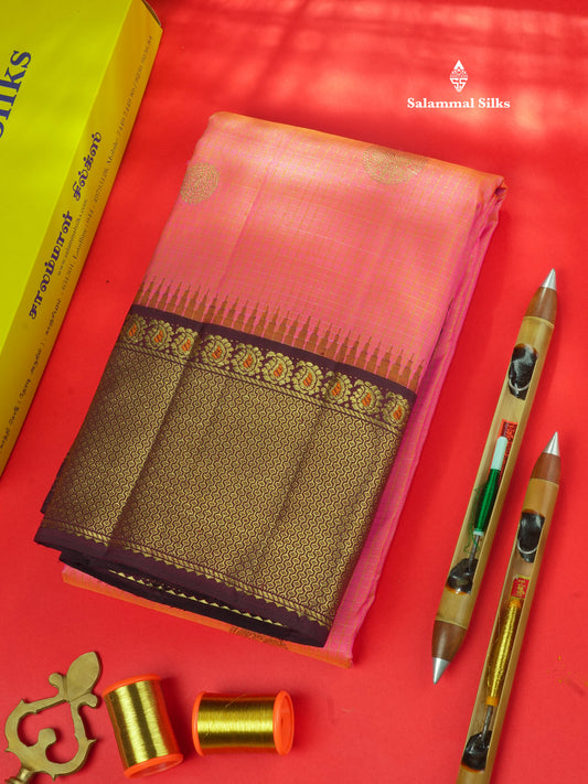 Pinkish Orange Small Zari Checks Pure Kanjivaram Silk Saree 2G Zari With Contrast Brown Border
