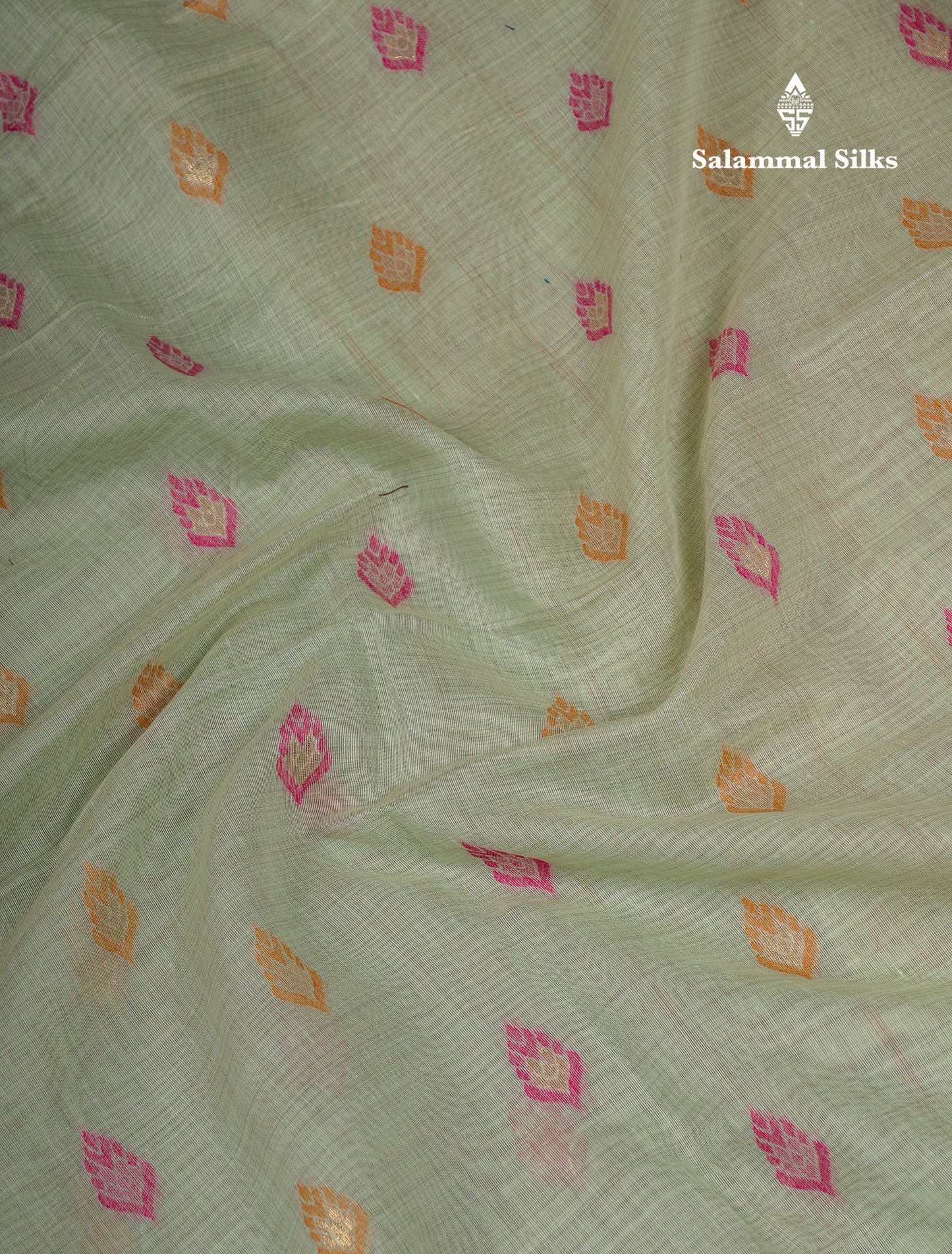 Beautiful Light Peach Menakari Work Muga Cotton Saree With Contrast Olive Green Blouse