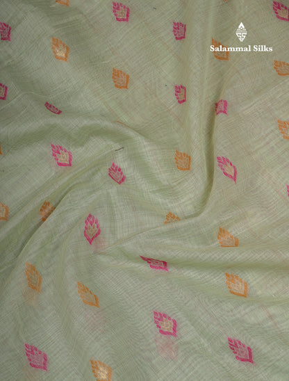 Beautiful Light Peach Menakari Work Muga Cotton Saree With Contrast Olive Green Blouse
