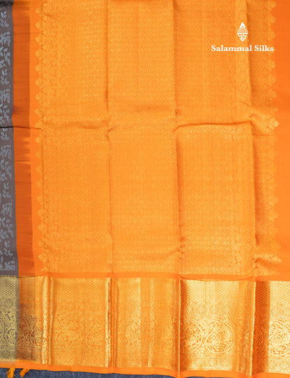 Dusky Brown Bridal Pure Kanjivaram Silk Saree With Contrast Orange Traditional Evening Morning Border