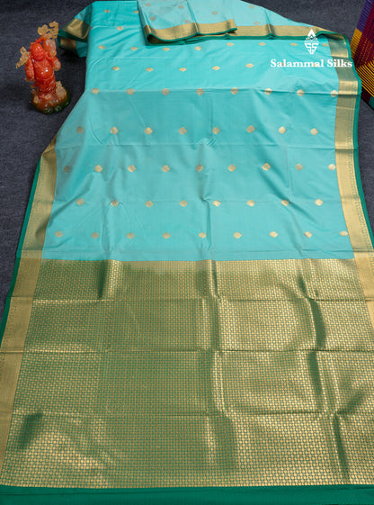 Beautiful Orange Zari Buttas Semi Silk Saree With Contrast Peacock Green Small Border