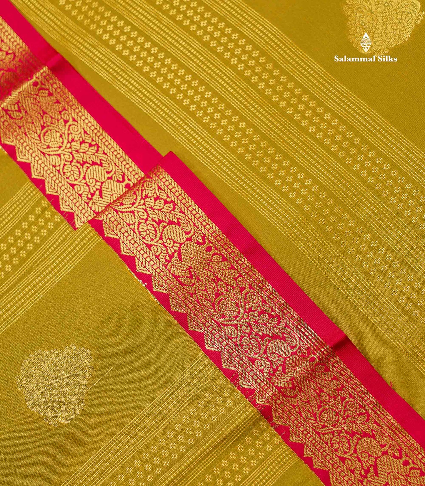 Semi Silk Saree - Manthulir Yellow With Contrast Chilly Red Traditional Small Border