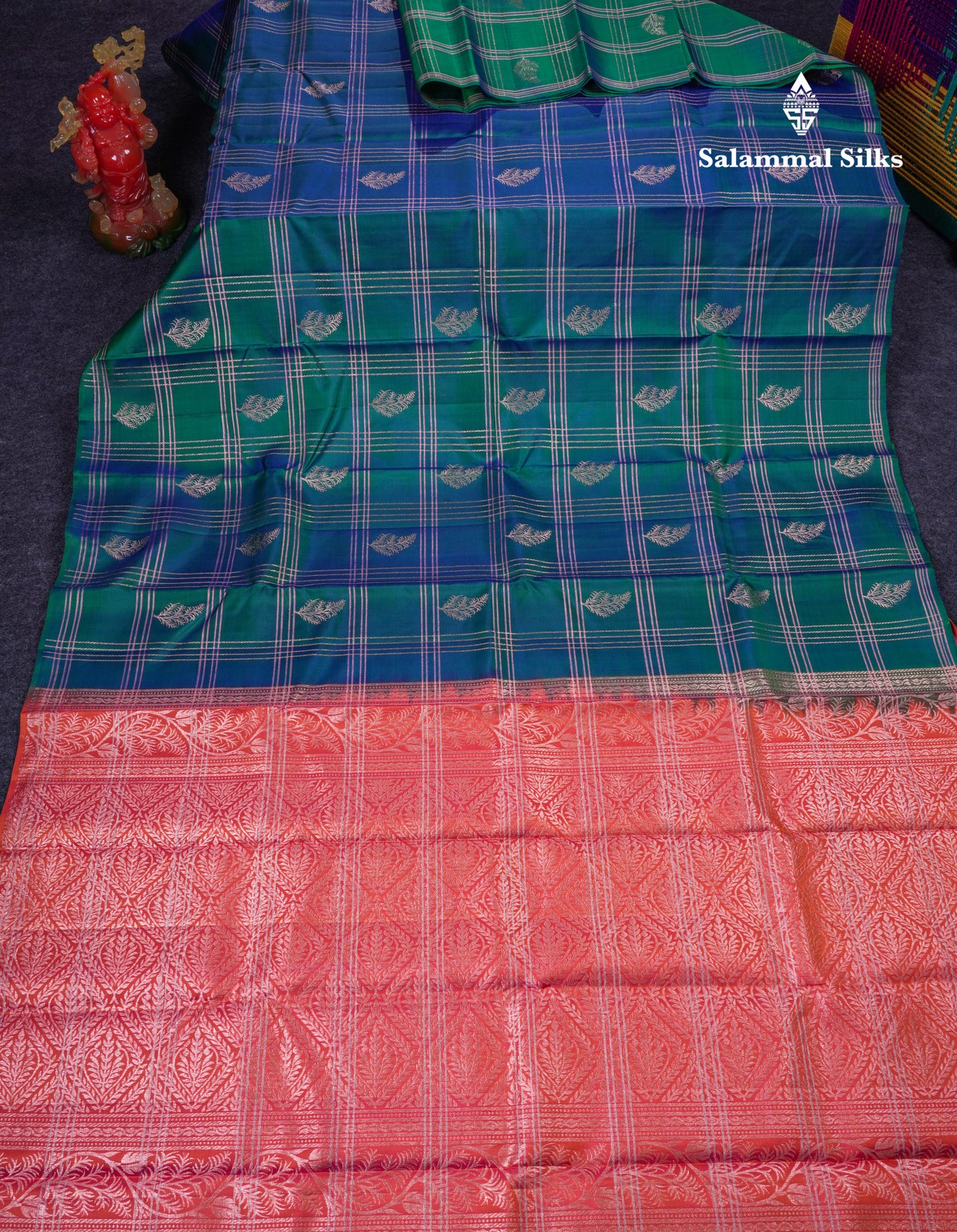 Beautiful Dual Tone Peacock Green Fancy Pure Kanjivaram Silk Saree With Contrast Orange Blouse