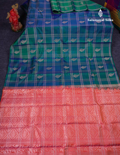 Beautiful Dual Tone Peacock Green Fancy Pure Kanjivaram Silk Saree With Contrast Orange Blouse