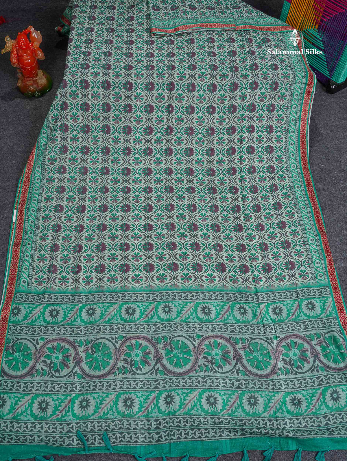 Soft Cotton Saree - Greenish Grey Body Printed With Small Fancy Border