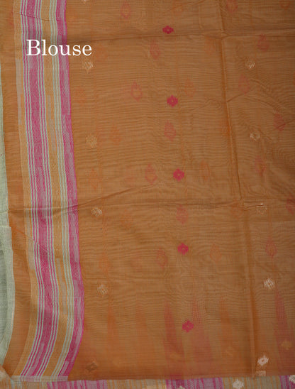 Beautiful Light Peach Menakari Work Muga Cotton Saree With Contrast Olive Green Blouse