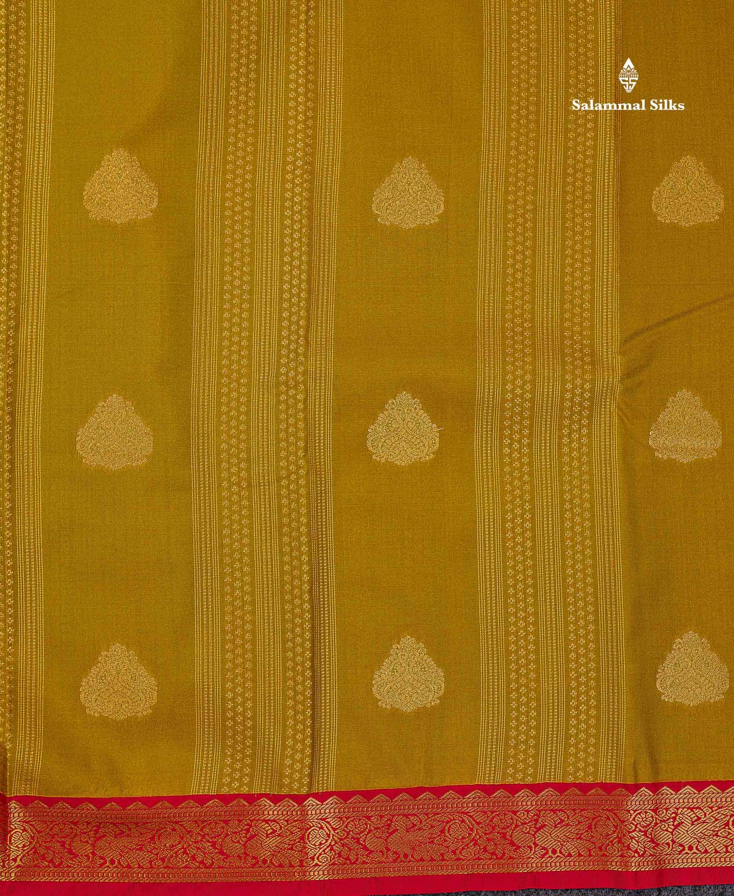 Semi Silk Saree - Manthulir Yellow With Contrast Chilly Red Traditional Small Border