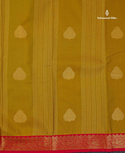Semi Silk Saree - Manthulir Yellow With Contrast Chilly Red Traditional Small Border