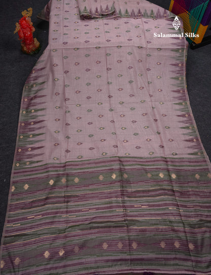 Beautiful Light Peach Menakari Work Muga Cotton Saree With Contrast Olive Green Blouse