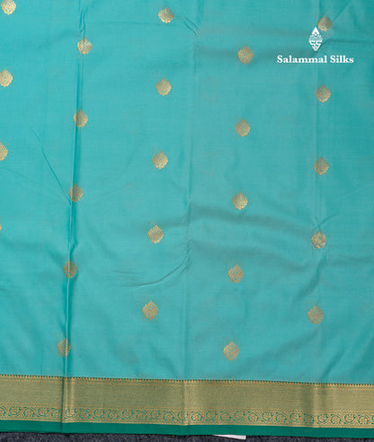 Beautiful Orange Zari Buttas Semi Silk Saree With Contrast Peacock Green Small Border