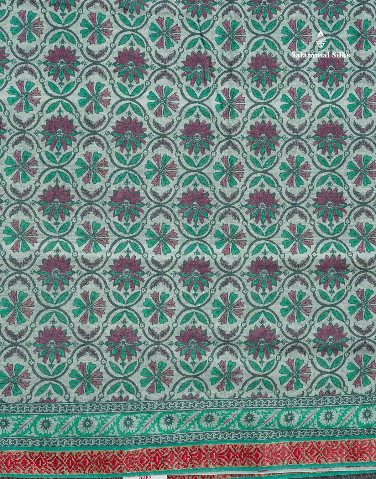 Soft Cotton Saree - Greenish Grey Body Printed With Small Fancy Border