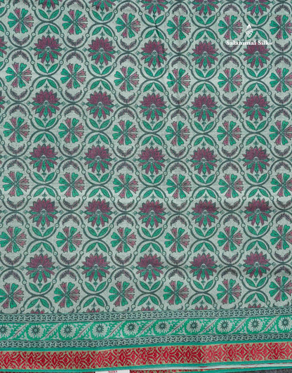 Soft Cotton Saree - Greenish Grey Body Printed With Small Fancy Border