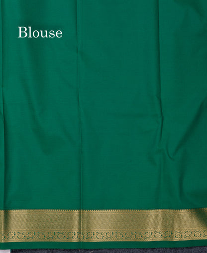 Beautiful Orange Zari Buttas Semi Silk Saree With Contrast Peacock Green Small Border