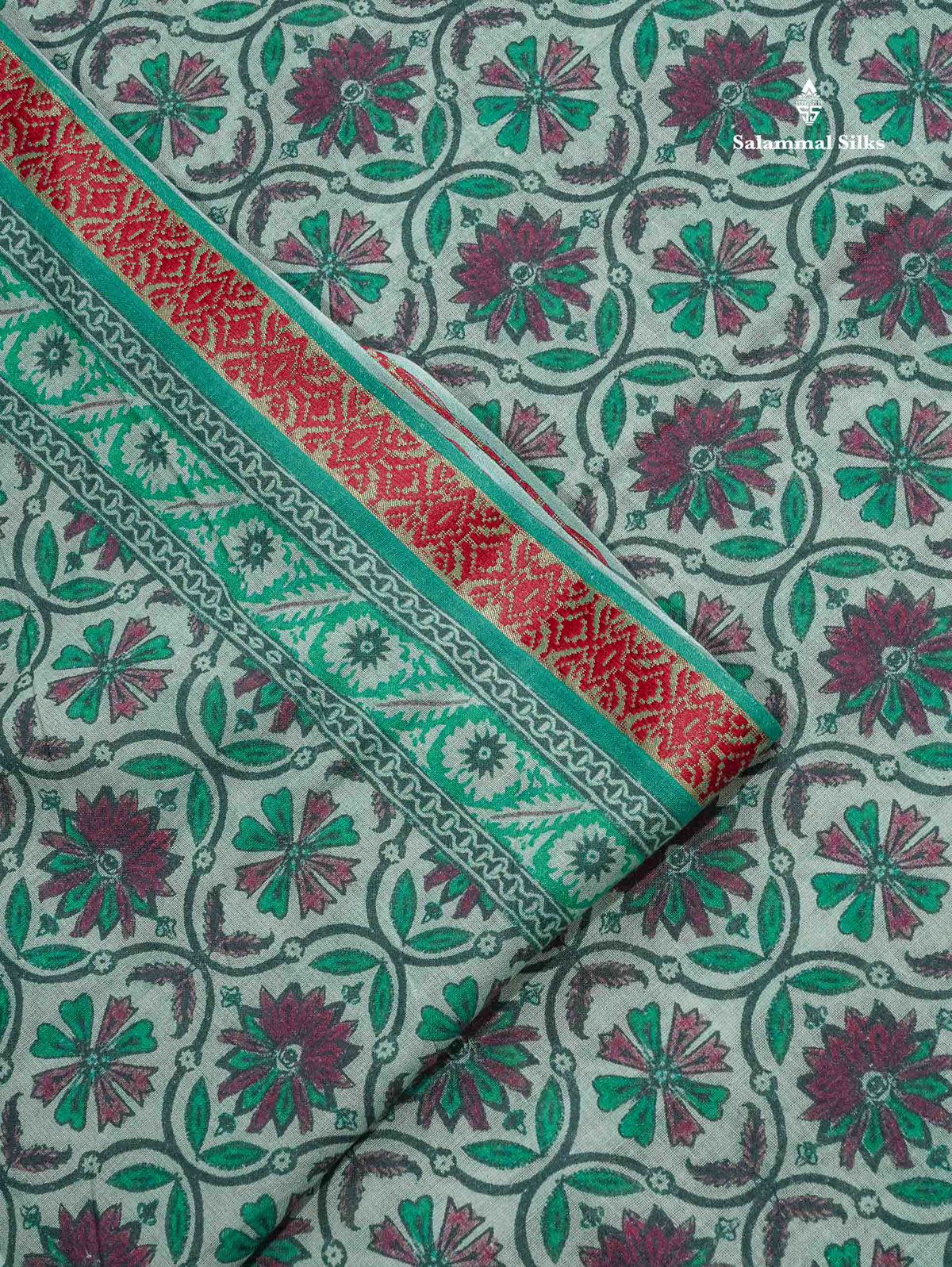 Soft Cotton Saree - Greenish Grey Body Printed With Small Fancy Border