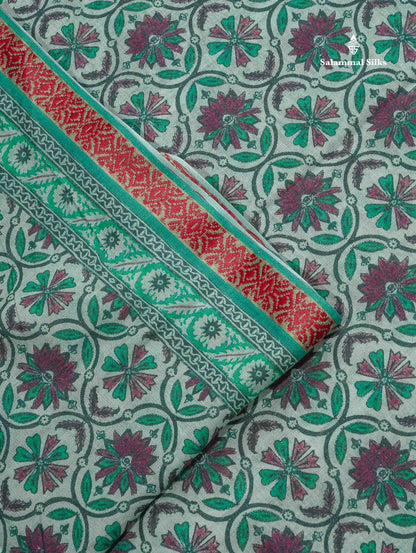 Soft Cotton Saree - Greenish Grey Body Printed With Small Fancy Border