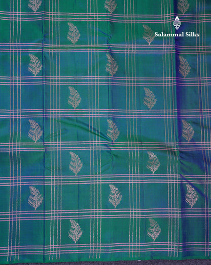 Beautiful Dual Tone Peacock Green Fancy Pure Kanjivaram Silk Saree With Contrast Orange Blouse
