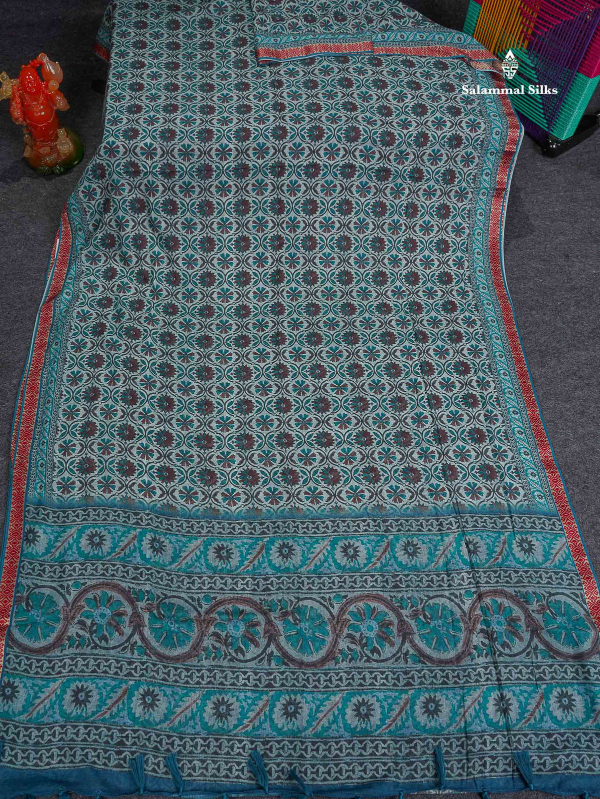 Soft Cotton Saree - Greenish Grey Body Printed With Small Fancy Border